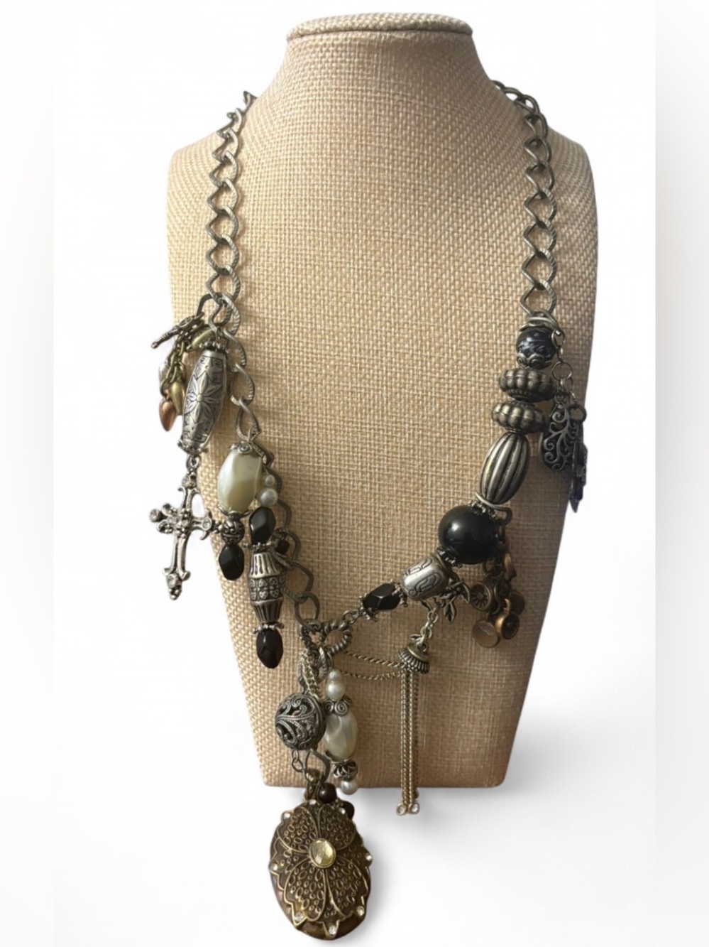 Artisan Assemblage Charm Necklace OOAK Boho Statement Locket Cross